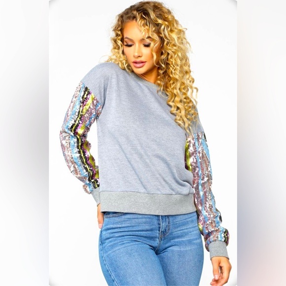 NWOT/Fashion Nova grey sequin sweatshirt,  drop shoulder,ribbed cuffs & hem🩶💜 - Picture 1 of 4